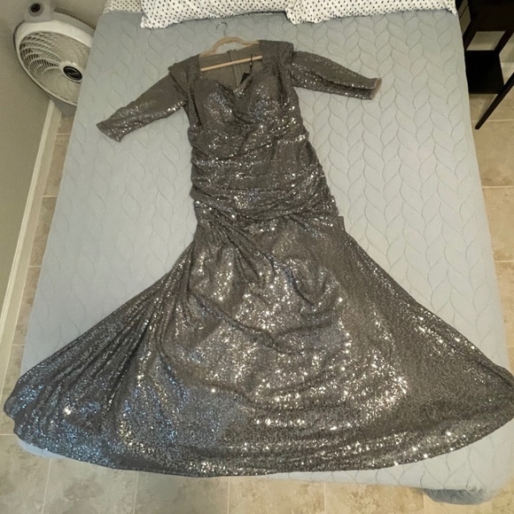 La Femme Size 14 Gunmetal Sweetheart Elbow-sleeves Ruching Mermaid dress